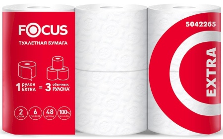 Туалетная бумага Focus Extra, двухслойная белая, 6 рулонов в упаковке