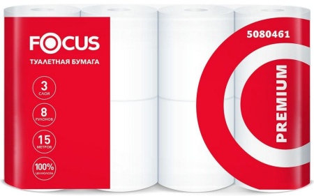 Туалетная бумага Focus Premium, трехслойная белая, 8 рулонов в упаковке