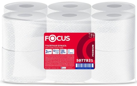 Туалетная бумага Focus Jumbo Premium, трехслойная белая,120 метров в рулоне