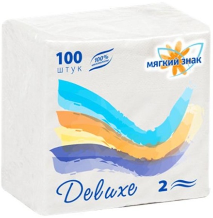 Салфетки бумажные Мягкий знак Deluxe 24х24 см, двухслойные белые, 100 листов в упаковке