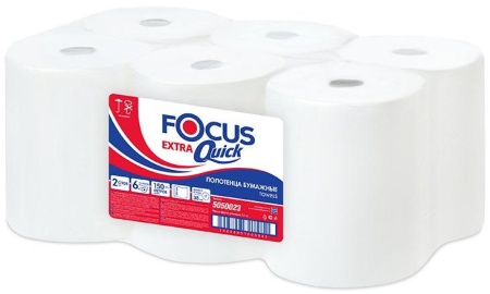 Полотенца бумажные Focus Extra Quick, 2-слойные, 38 мм, 150 метров в рулоне, 6 рулонов в упаковке