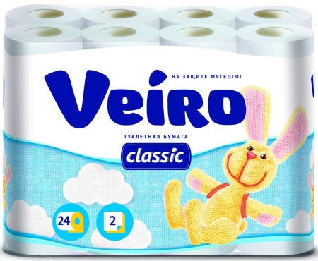 Туалетная бумага Veiro Classic (Вэйро Классик), двухслойная белая, переработанное сырье, 140 листов в рулоне