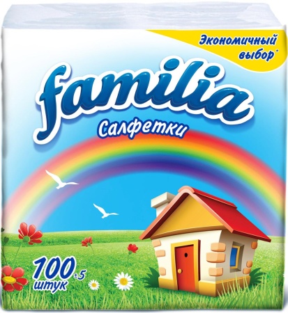 Салфетки бумажные Familia (Фамилиа) 24х23 см, 1-слойные белые, 100 штук в упаковке