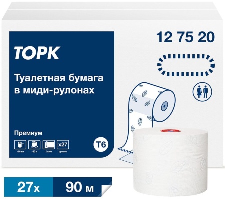 Туалетная бумага Торк Миди Премиум T6, двухслойная белая, 90 метров в рулоне
