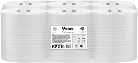 Полотенца бумажные с центральной вытяжкой Veiro Professional Comfort KP210, 1-слойные белые 200 метров, 6 рулонов в упаковке