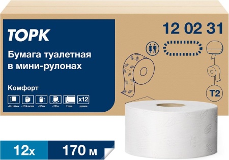 Туалетная бумага в мини-рулонах Торк Комфорт T2, двухслойная белая, 170 метров в рулоне
