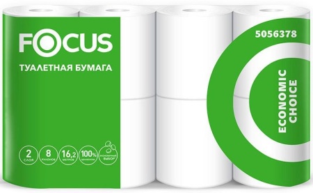 Туалетная бумага Focus Economic, двухслойная белая, 8 рулонов в упаковке
