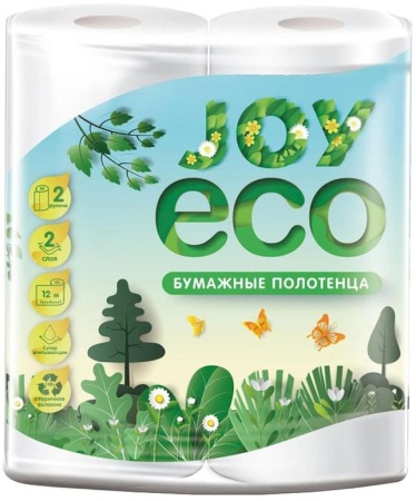 Полотенца бумажные JOY eco, 2-слойные, в рулонах белые, 2 рулона в упаковке
