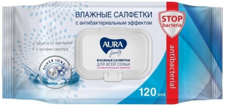 Салфетки влажные AURA Family антибактериальные в упаковке с клапаном, 120 штук